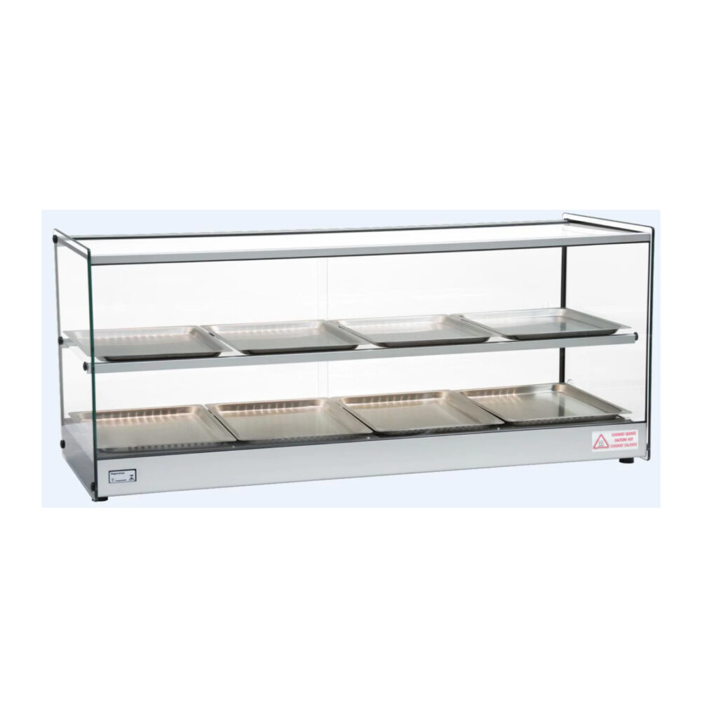 Celcook HDC heated display case with stainless steel trays and glass enclosure for keeping hot food warm in restaurants and cafeterias.