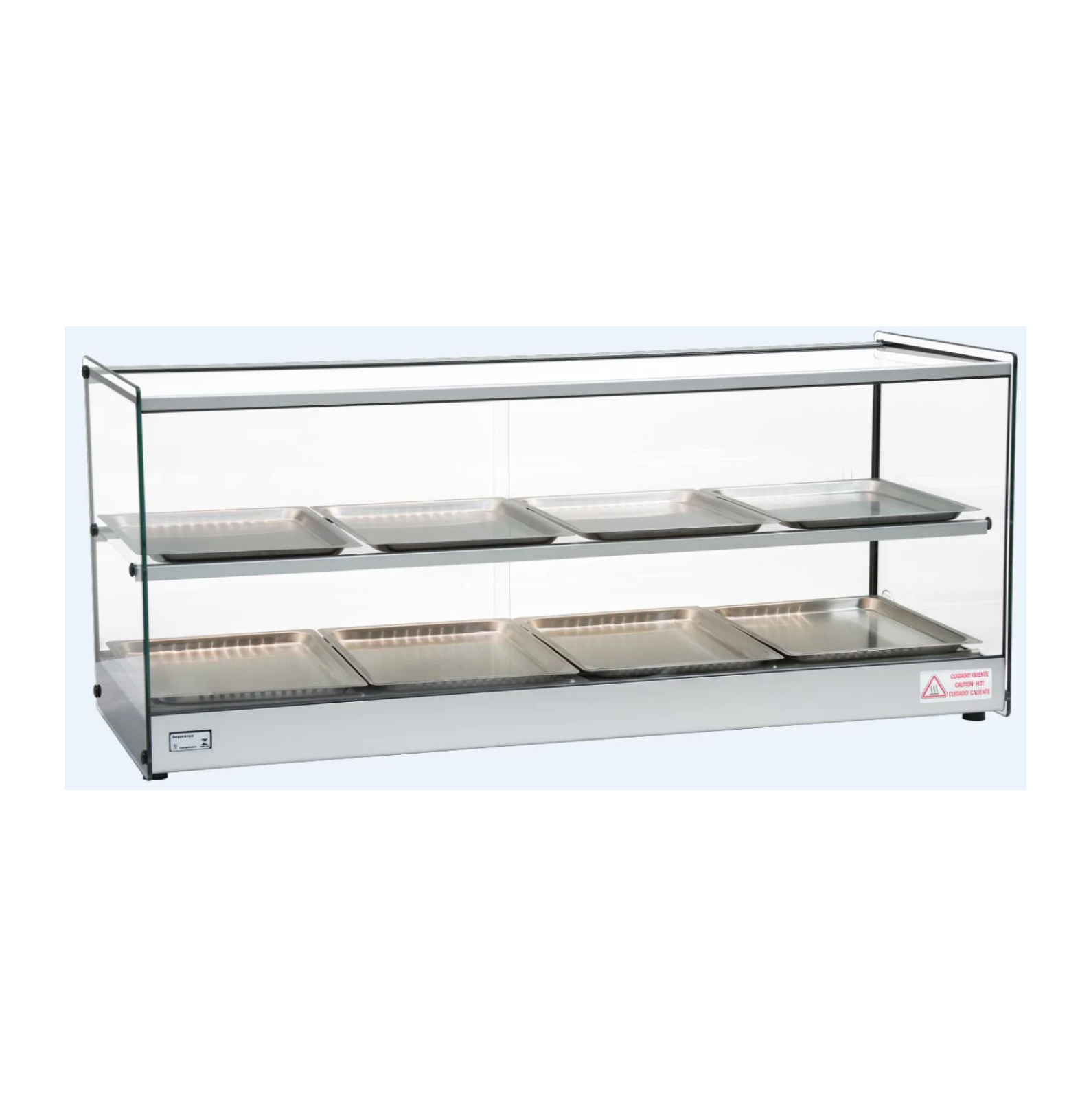 Celcook HDC heated display case with stainless steel trays and glass enclosure for keeping hot food warm in restaurants and cafeterias.