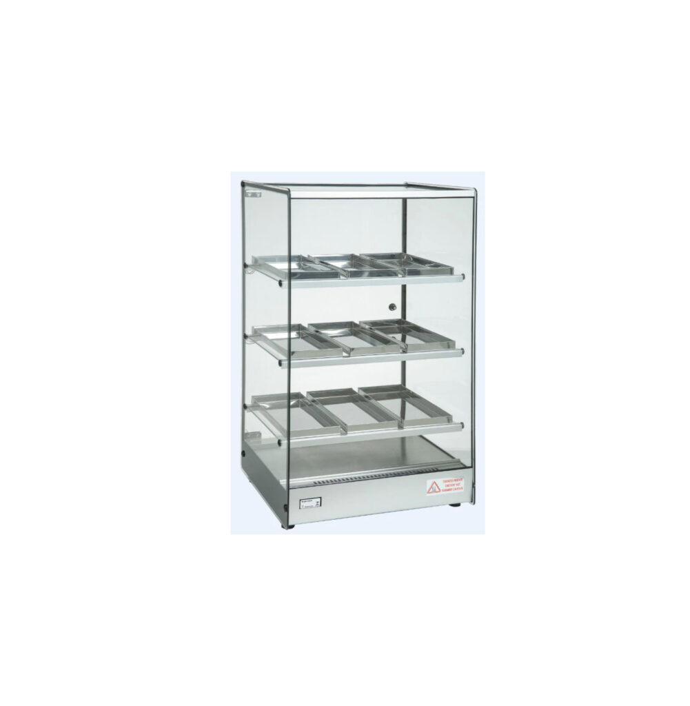 Commercial heated display case with glass panels and stainless steel trays for keeping food warm in restaurants or bakeries.