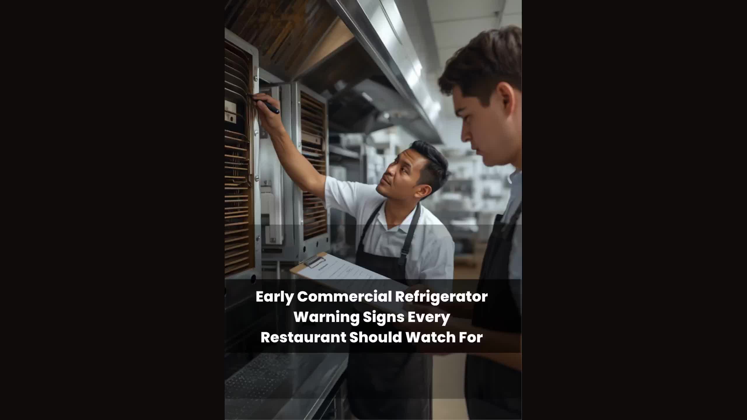 Technicians inspecting commercial refrigerator for early maintenance warning signs.